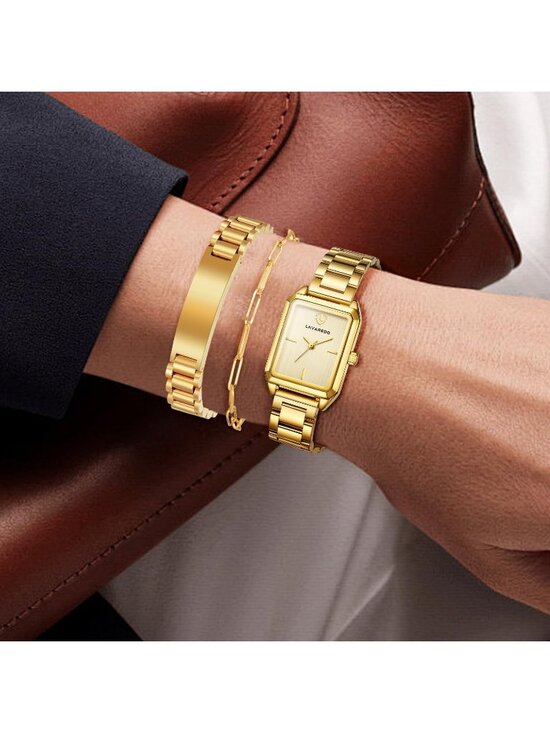 Women\'s All Gold Analog Stainless Steel Waterproof Luxury 3 Pecs Bracelet Watch main image 6